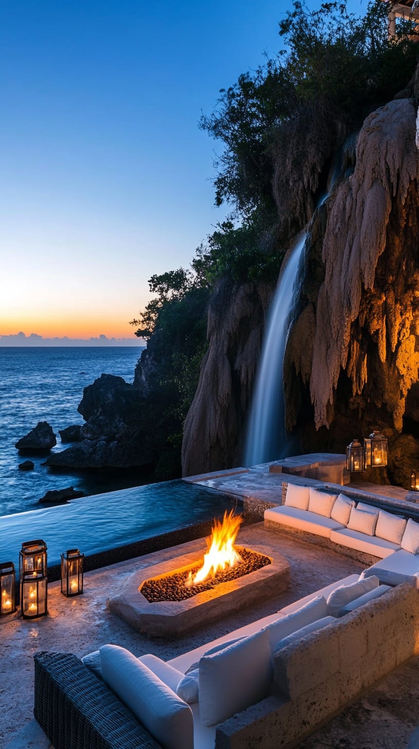 An outdoor fire pit surrounded by comfortable seating, with waterfalls and an ocean view at dusk, creating a peaceful and luxurious atmosphere.