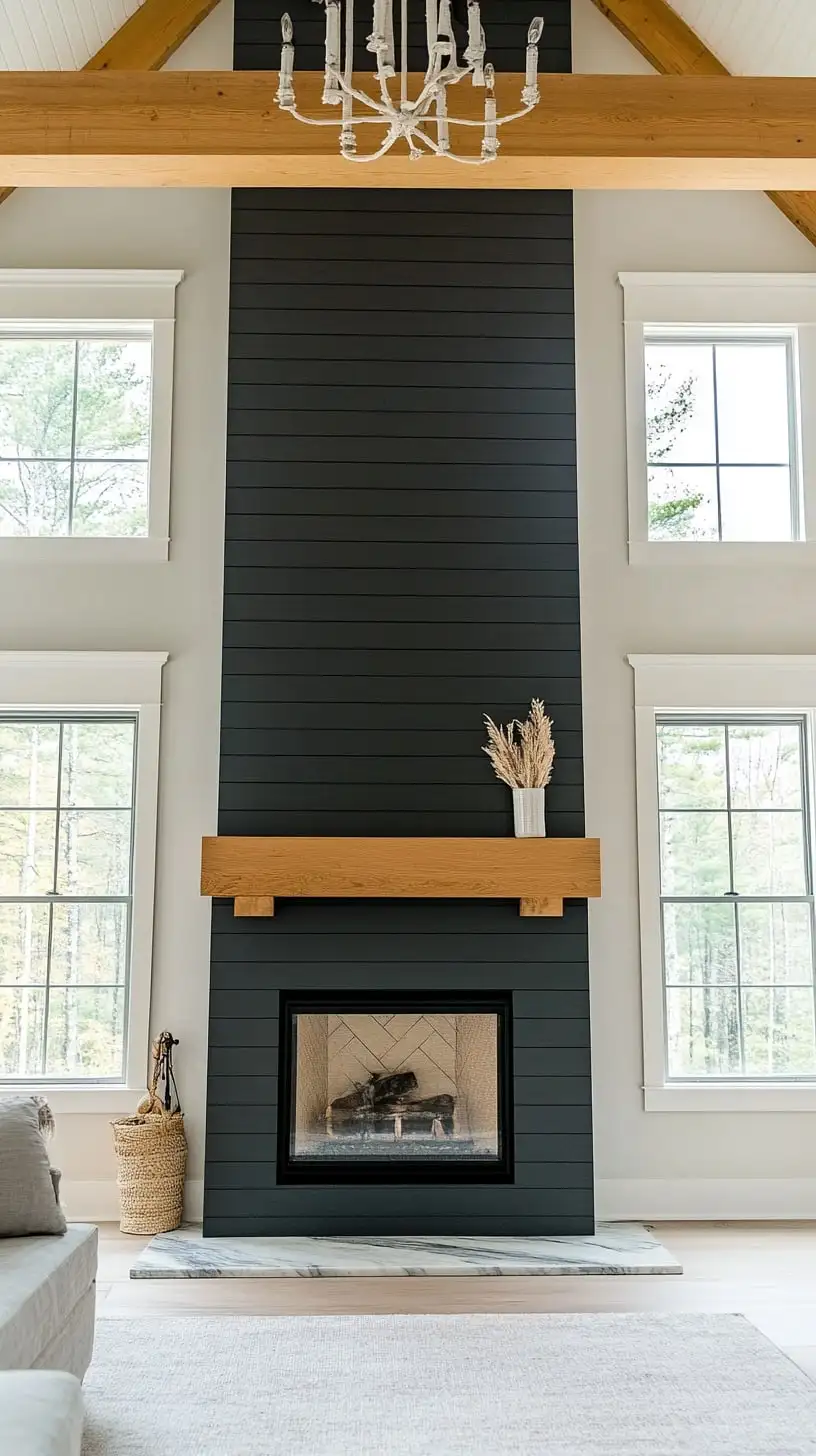 A black shiplap fireplace in a cozy farmhouse living room featuring natural wood beams, white walls, a light grey rug, and large windows allowing for bright natural light.