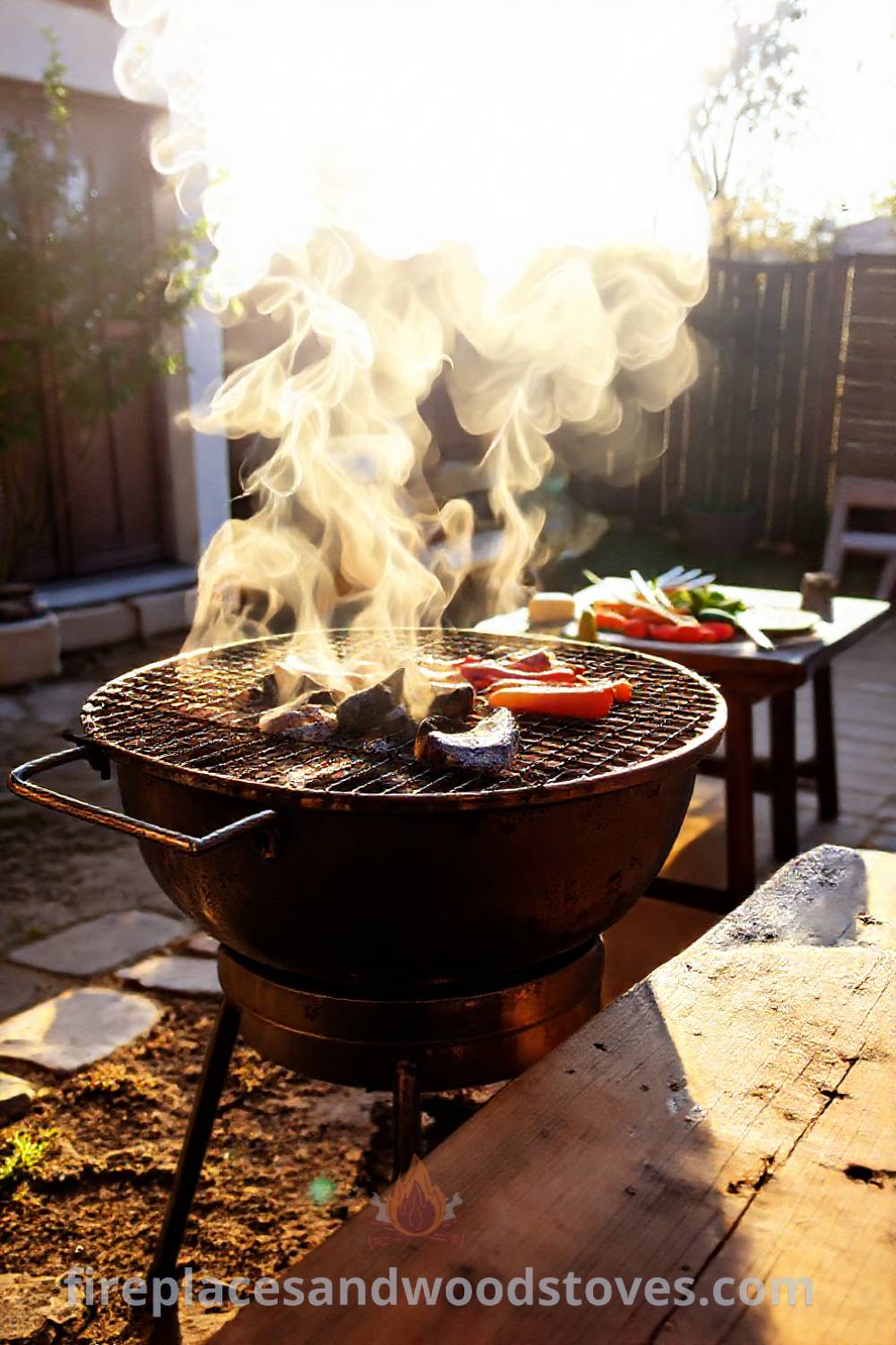 Traditional Turkish mangal barbecue in a sunlit backyard, featuring a metal grill, vibrant spices, and fresh vegetables on a wooden table, creating an enchanting outdoor dining experience. Visit patioandhomefurniture.com for cozy outdoor ideas that will wow your guests.