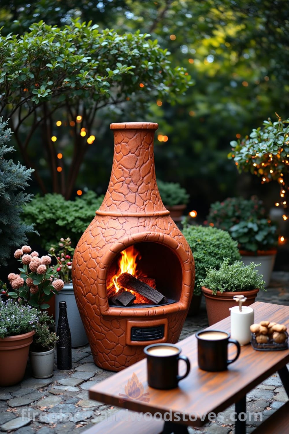 Cozy chiminea-style outdoor fireplace on a cobblestone patio with a warm fire, wooden picnic table with cocoa mugs, and potted plants, creating a cozy home ambiance. Visit fireplacesandwoodstoves.com for inspiring decor ideas for your home.