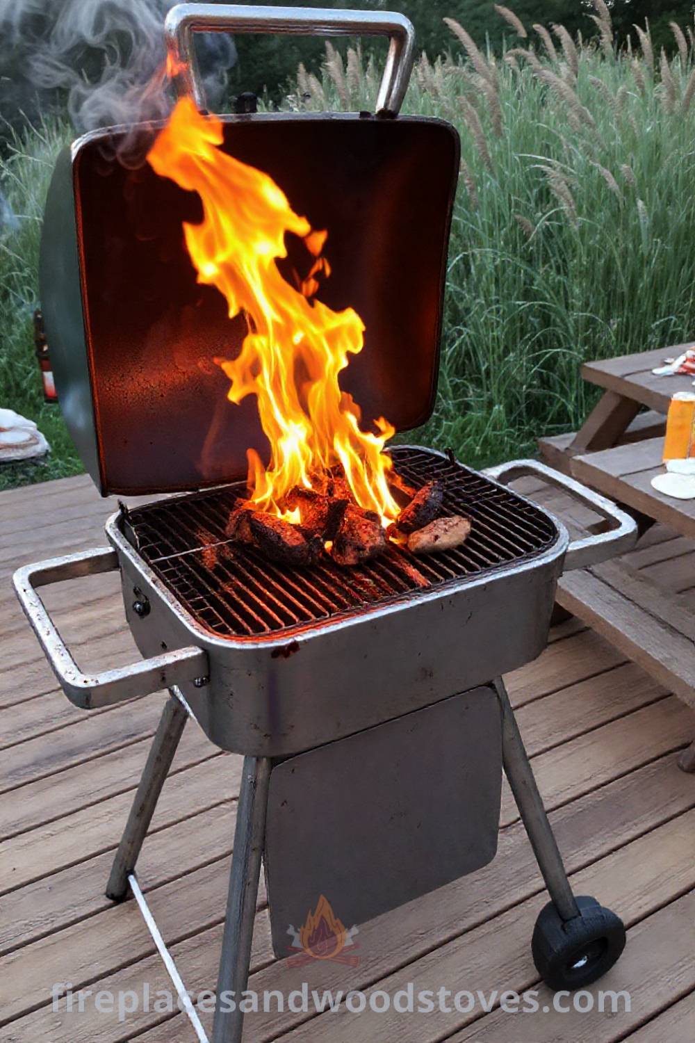 Sturdy barbecue grill on a wooden deck with bright flames, a picnic table full of condiments, and tall grass swaying in the breeze, creating a cozy outdoor atmosphere for gatherings. Visit patioandhomefurniture.com for stylish outdoor design ideas that will wow your guests.
