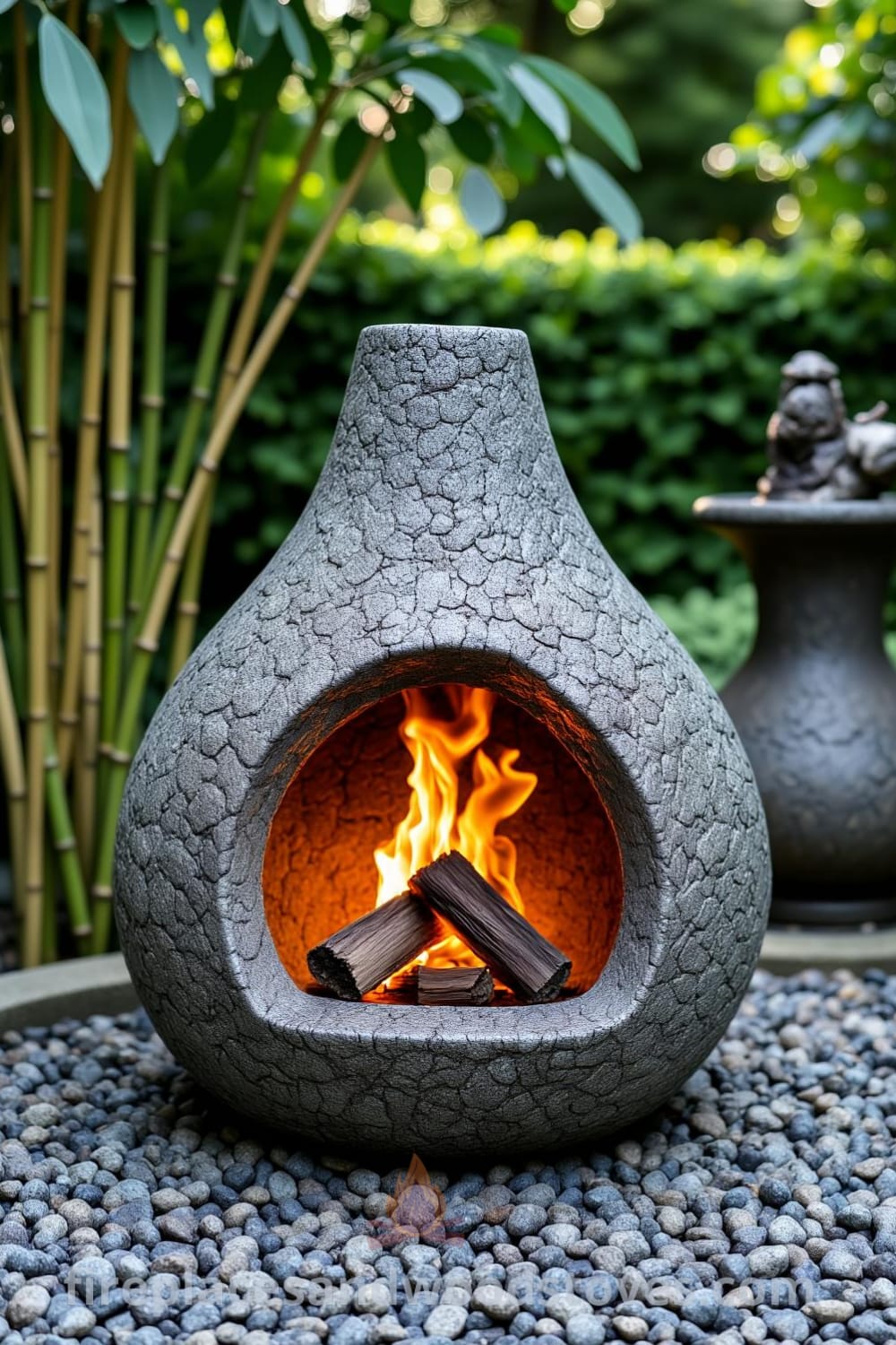 Japanese Zen fireplace nestled in a tranquil garden with aged stone structure, flickering flames, textured gravel, and a gentle bamboo fountain in the background, providing cozy ideas and unique inspirations for outdoor decor at fireplacesandwoodstoves.com.