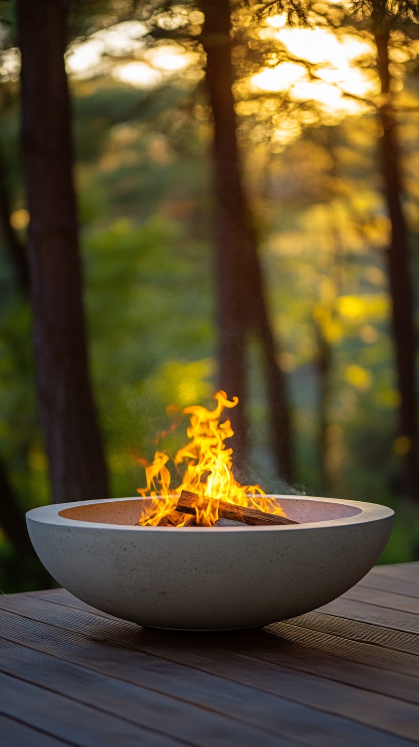 A modern concrete fire pit with flickering flames on an outdoor deck overlooking a forest at sunset, creating a cozy outdoor ambiance.
