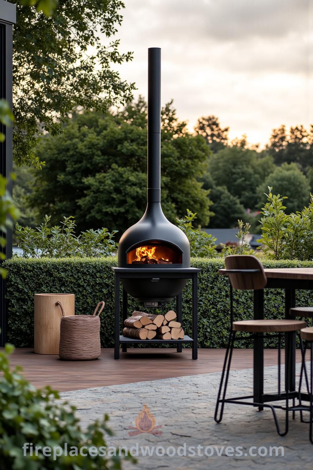 Scandinavian minimalist outdoor barbecue on a wooden deck surrounded by greenery, featuring a sleek steel frame, warm flames, and rustic wooden stools, creating a cozy atmosphere ideal for gatherings and summer nights. Visit fireplacesandwoodstoves.com for more unique decor ideas and inspirations for your home.