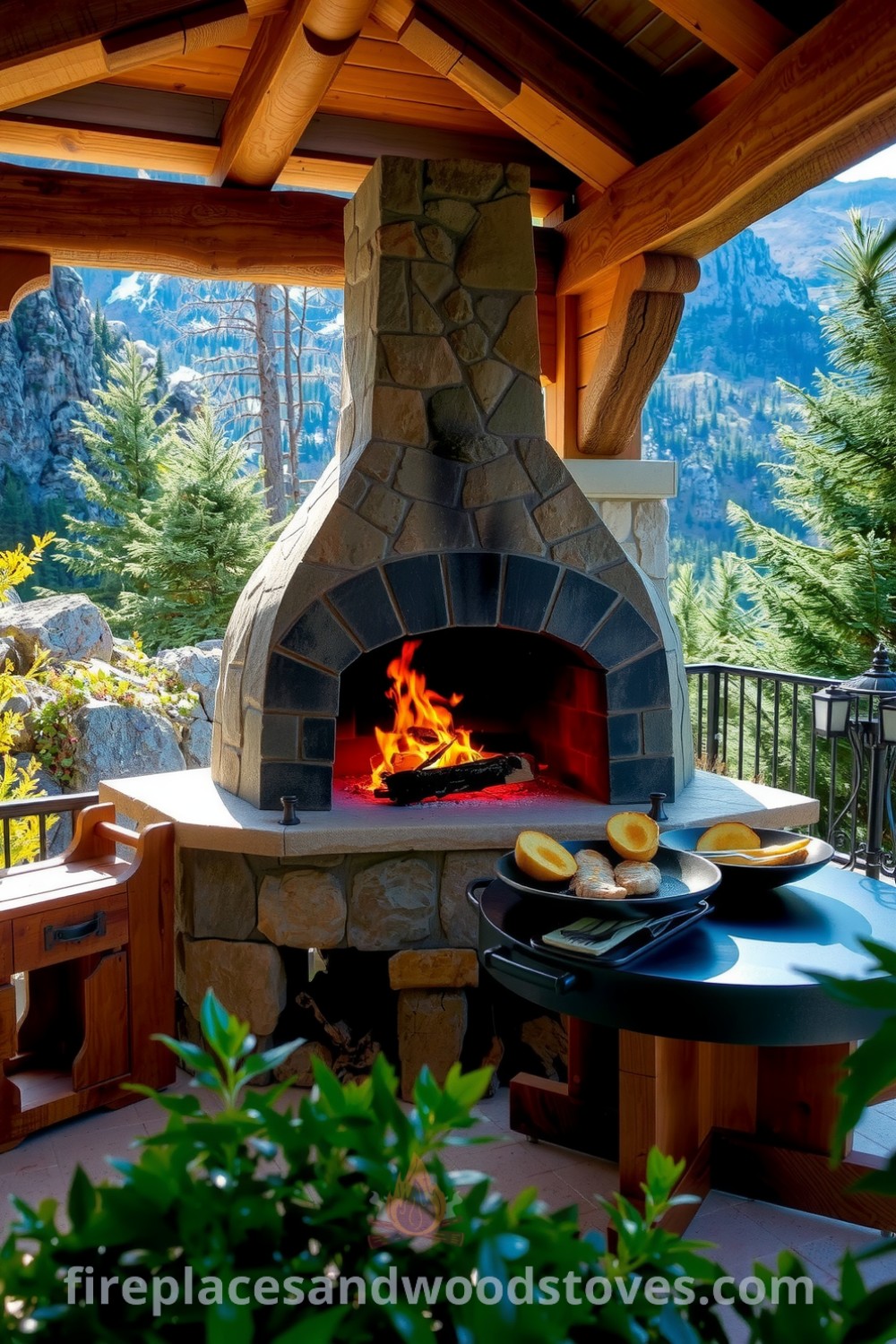 Stone hearth barbecue on a sunlit patio surrounded by mountains, featuring a warm fire glow, rustic table with grilling platters, and lush greenery, showcasing inspiring ideas for cozy outdoor cooking at fireplacesandwoodstoves.com.