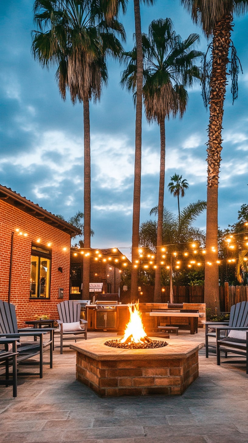 A cozy outdoor fire pit surrounded by chairs and string lights, with palm trees in the background and a building nearby, creating a warm and inviting atmosphere at dusk.