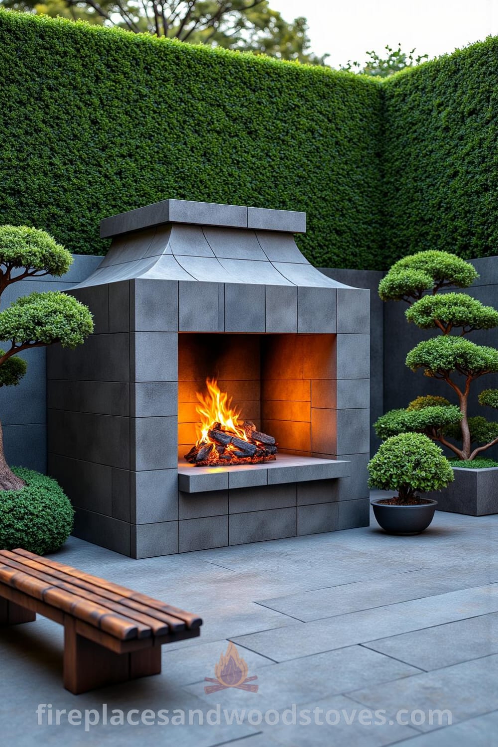 Japanese Zen outdoor fireplace surrounded by a tranquil garden, smooth stone facade blending with greenery, flickering firelight illuminating uneven bricks, and elegant bonsai trees alongside a bamboo bench, offering cozy ideas for your home, inspiring decor inspirations at fireplacesandwoodstoves.com.