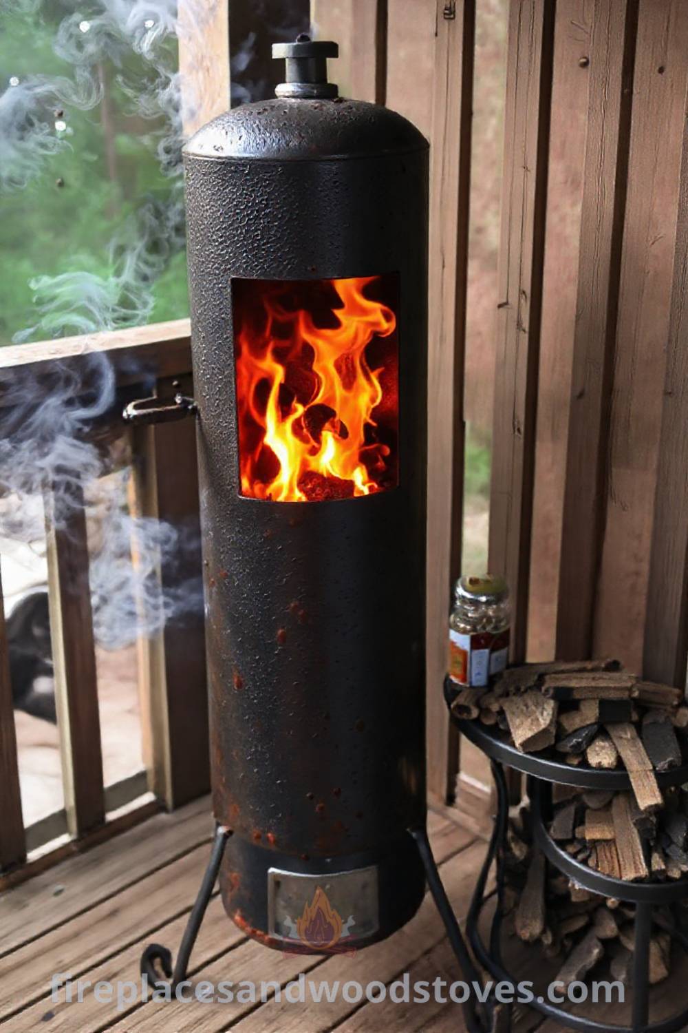 Sturdy vertical smoker barbecue on a wooden deck, showcasing a textured metal surface with signs of use, surrounded by seasoning jars and a pile of charred wood, ideal for creating a cozy outdoor cooking atmosphere. Visit patioandhomefurniture.com for incredible ideas that will wow your guests.