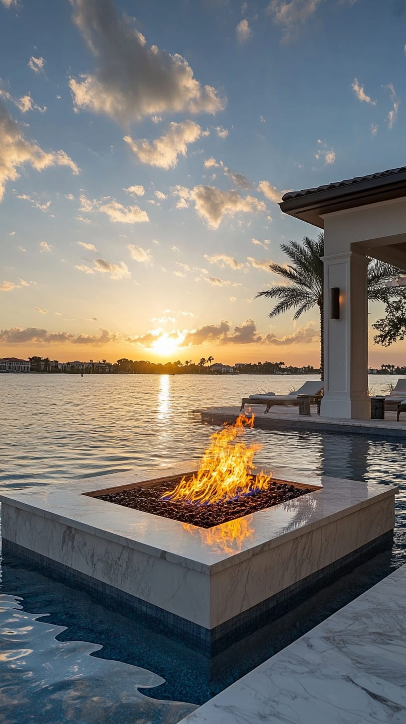 A luxurious outdoor scene featuring an infinity pool with a marble fire pit at its center, overlooking a lake during sunset, accompanied by a modern house and tropical elements.