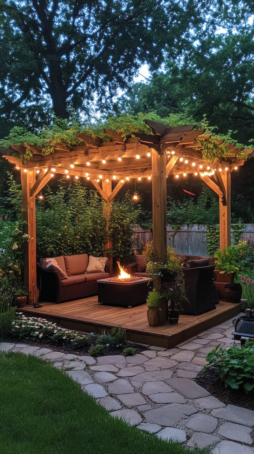 A beautiful wooden pergola with string lights and comfortable seating around a fire pit, surrounded by lush greenery and vibrant flowers, creating a serene outdoor retreat.