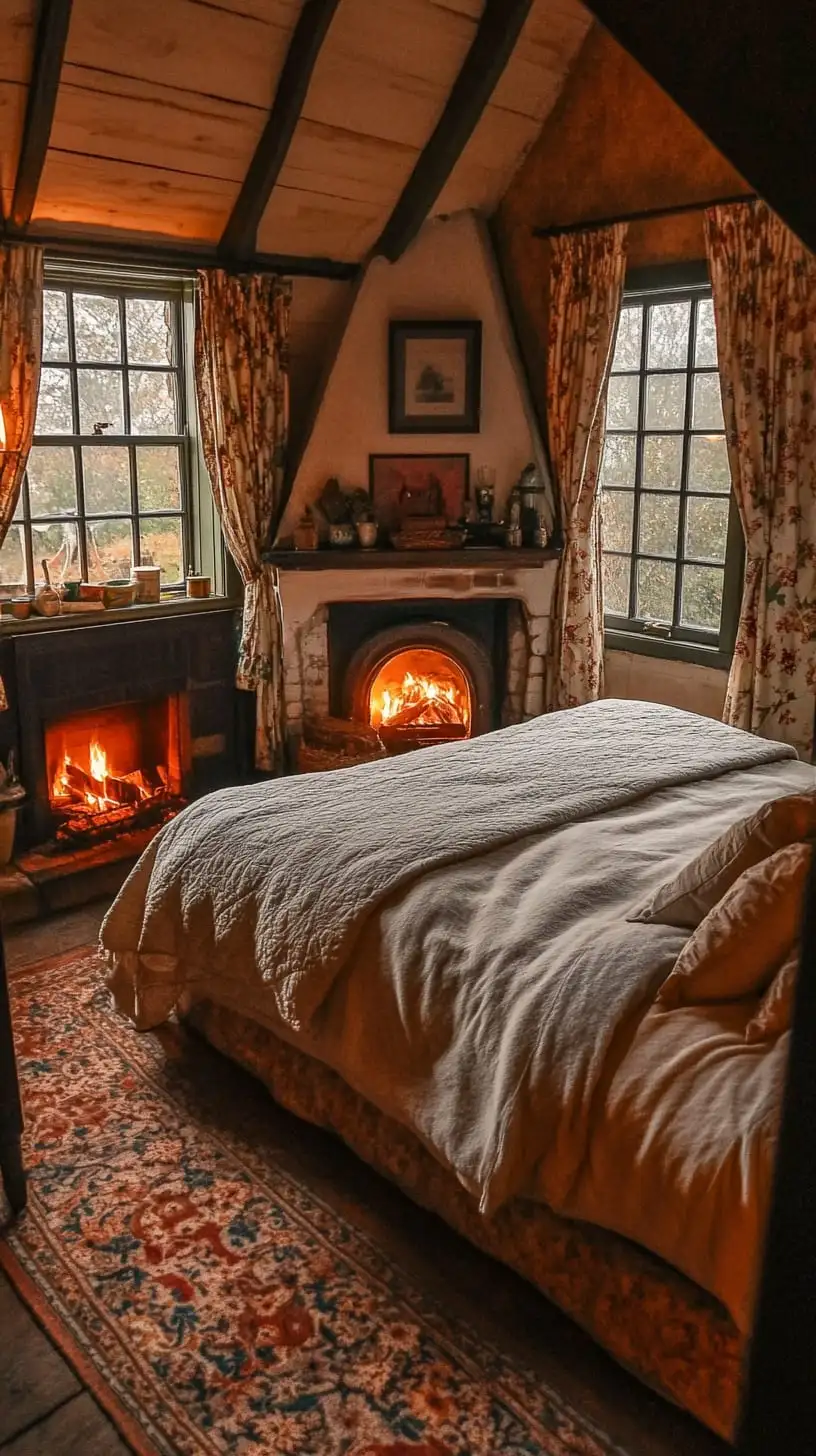 A cozy bedroom featuring warm wooden beams, a fireplace, soft linens, and floral curtains, creating a serene and inviting atmosphere perfect for relaxation.