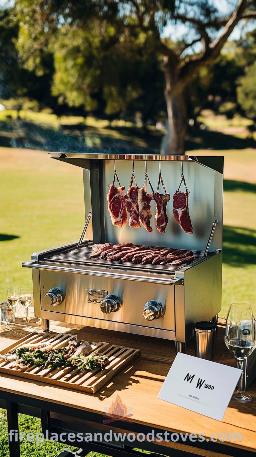 A stainless steel grill with steaks and lamb chops set up outdoors at a golf course, surrounded by green grass and trees, with wine glasses nearby.