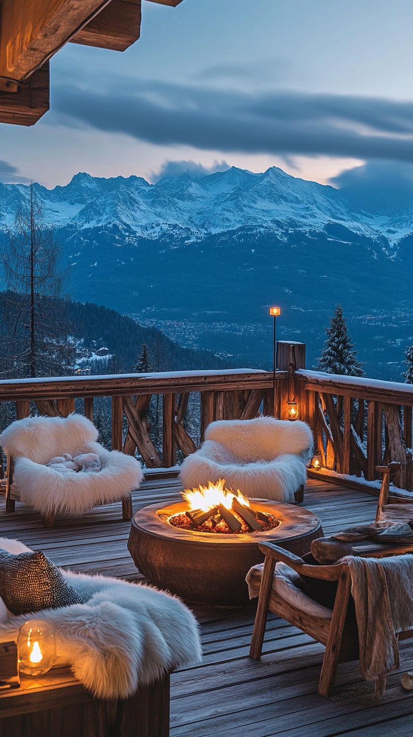 A cozy wooden terrace with fur chairs and a fire pit, overlooking snow-capped mountains at dusk, creating a warm and romantic atmosphere.