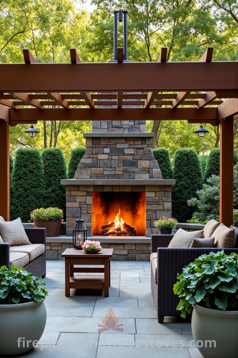 Cozy patio with a pergola-integrated fireplace surrounded by lush greenery and comfy seating, featuring flickering flames creating inviting shadows, offering design ideas and inspirations for cozy home decor. Visit fireplacesandwoodstoves.com for unique ideas.