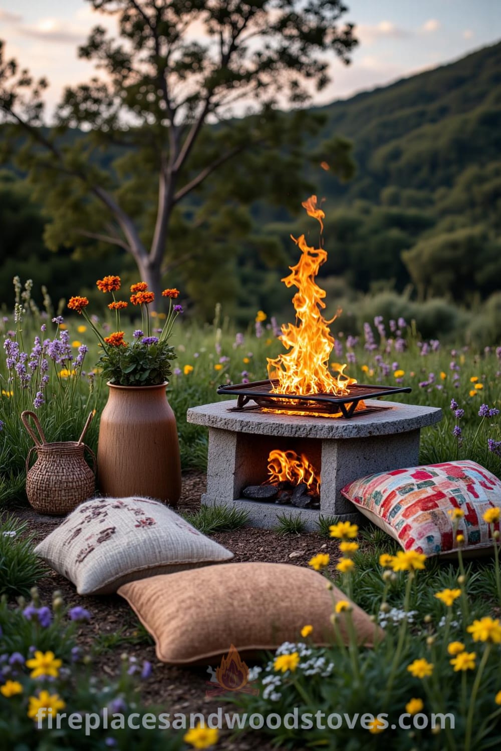 Nomadic firepit outdoor barbecue on grass surrounded by wildflowers with mismatched cushions, exuding bohemian charm and warmth from flickering flames, offering cozy decor ideas for your outdoor space at fireplacesandwoodstoves.com.