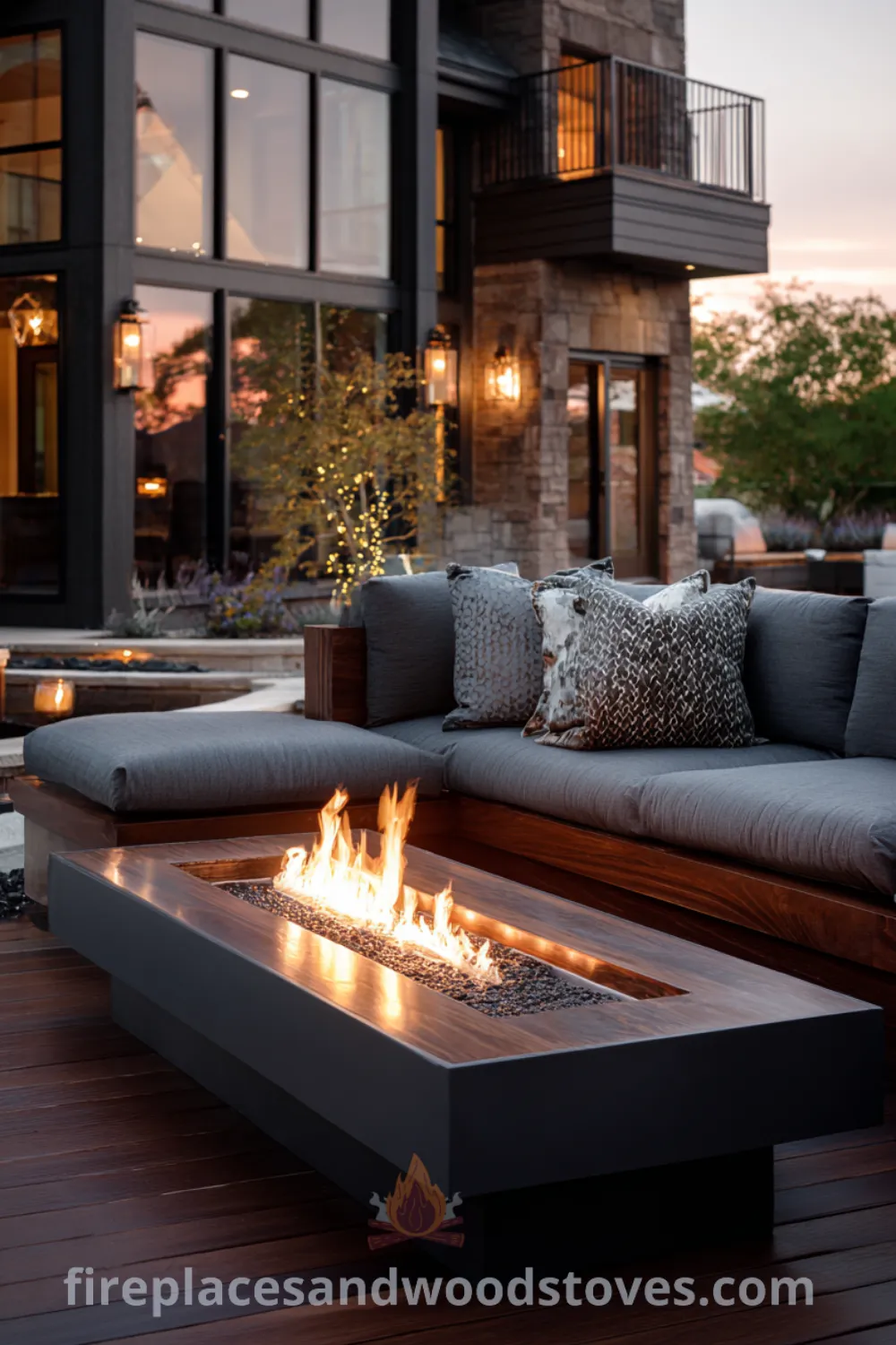 Outdoor space with a modern fire pit, plush seating, and cozy ambiance, showcasing luxury backyard fire pit and contemporary fire pit features.