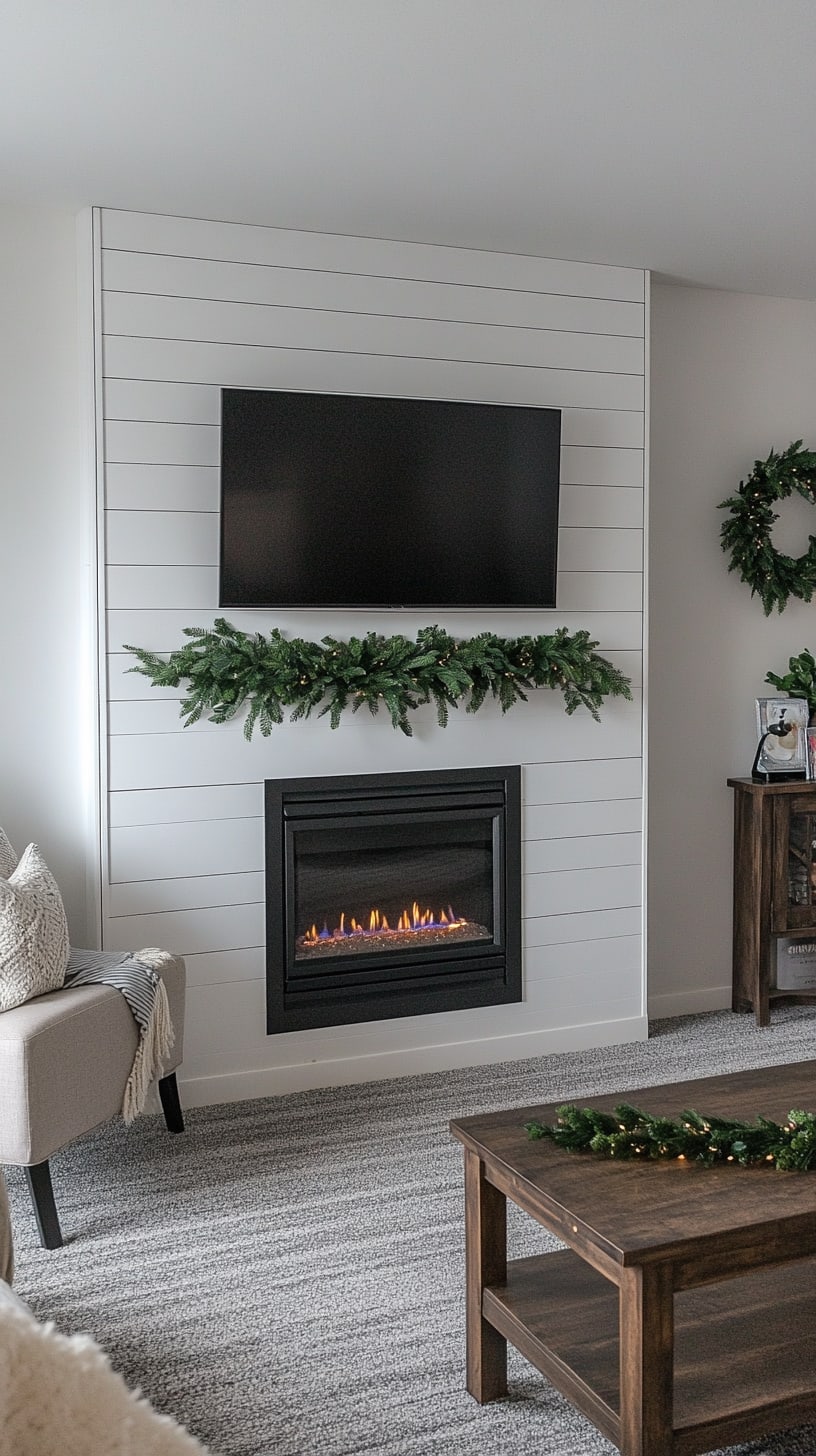 A cozy farmhouse-style living room with a white shiplap wall, modern fireplace, and TV, decorated for Christmas with a greenery wreath and soft lighting.