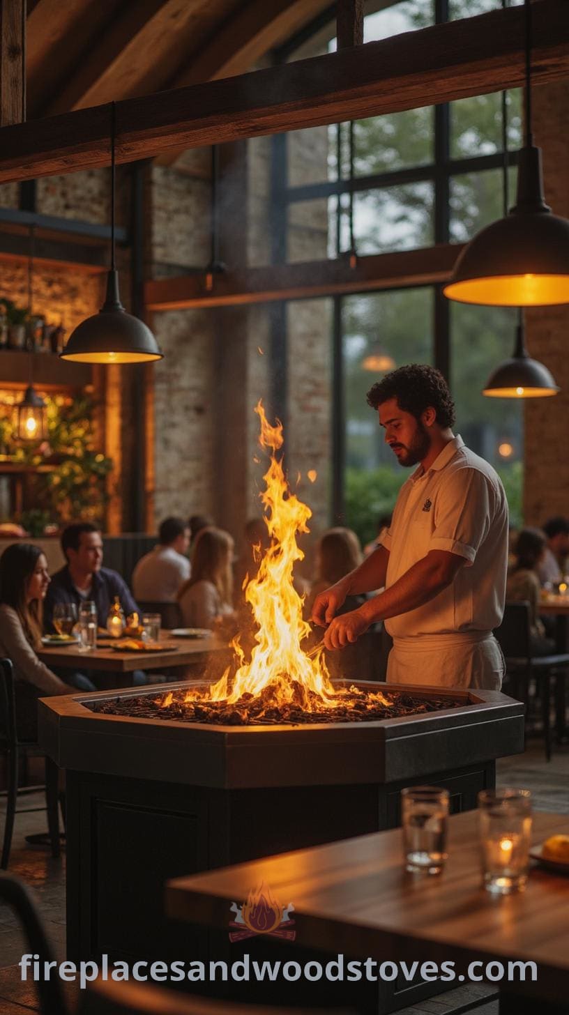 A lively dining area featuring a hexagonal grill at the center, with a chef preparing food over an open flame, surrounded by wooden beams and diners enjoying their meals in a warm, rustic atmosphere.