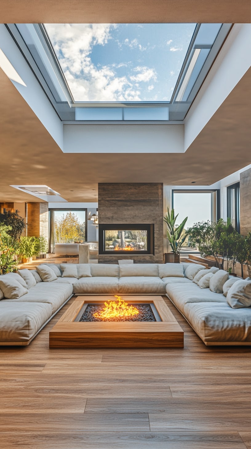 A modern living room showcasing a spacious layout with a large sofa, a central fire pit, wooden floors, and skylights illuminating the space, complemented by lush green plants.