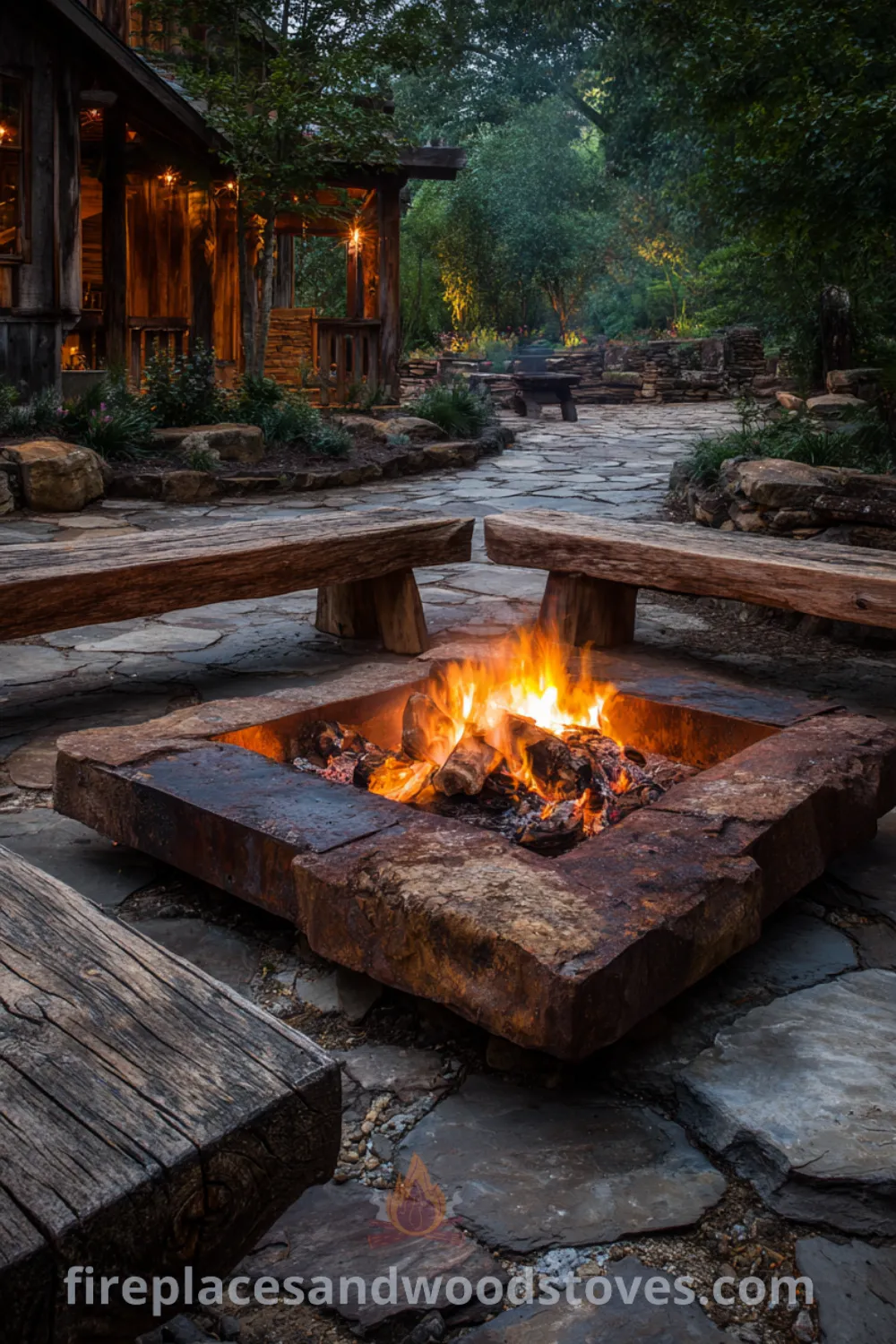Rugged fire pit surrounded by reclaimed wood benches and flagstone, ideal for cozy evenings with friends and family.