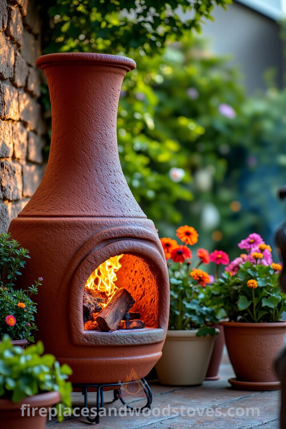 Chiminea outdoor fireplace on a sunlit patio, glowing warmly with a cozy ambiance, surrounded by wooden garden furniture and vibrant potted plants, creating an inviting atmosphere for outdoor gatherings at fireplacesandwoodstoves.com.