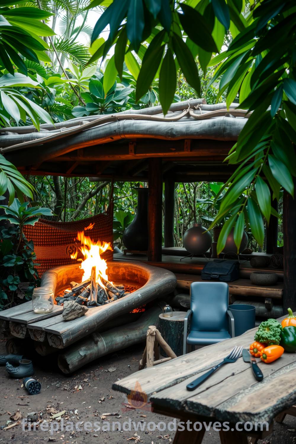 Outdoor barbecue nestled under a lush jungle canopy with rugged wood, fiery charcoal flames, a rough-hewn wooden table filled with fresh vegetables, and the vibrant atmosphere of tropical flora, offering cozy ideas for your home at fireplacesandwoodstoves.com.