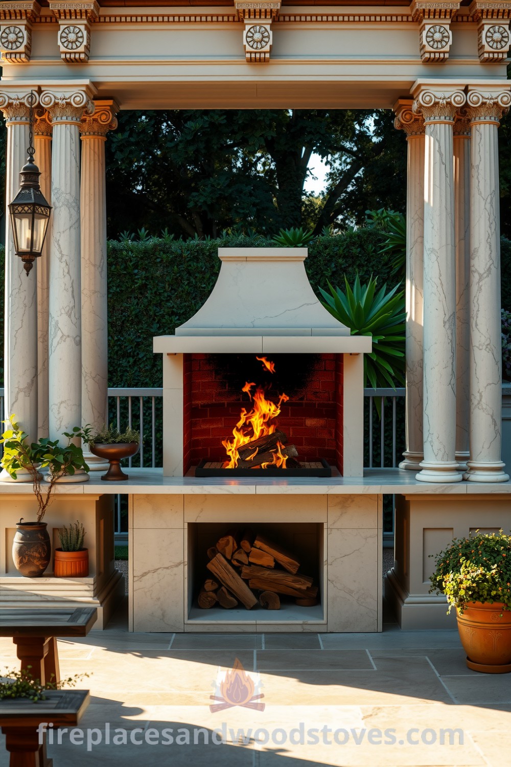 Neoclassical marble barbecue in a sun-drenched backyard surrounded by lush greenery, featuring a rustic stone patio, flickering wood-fueled flames, and inviting outdoor decor ideas from fireplacesandwoodstoves.com.