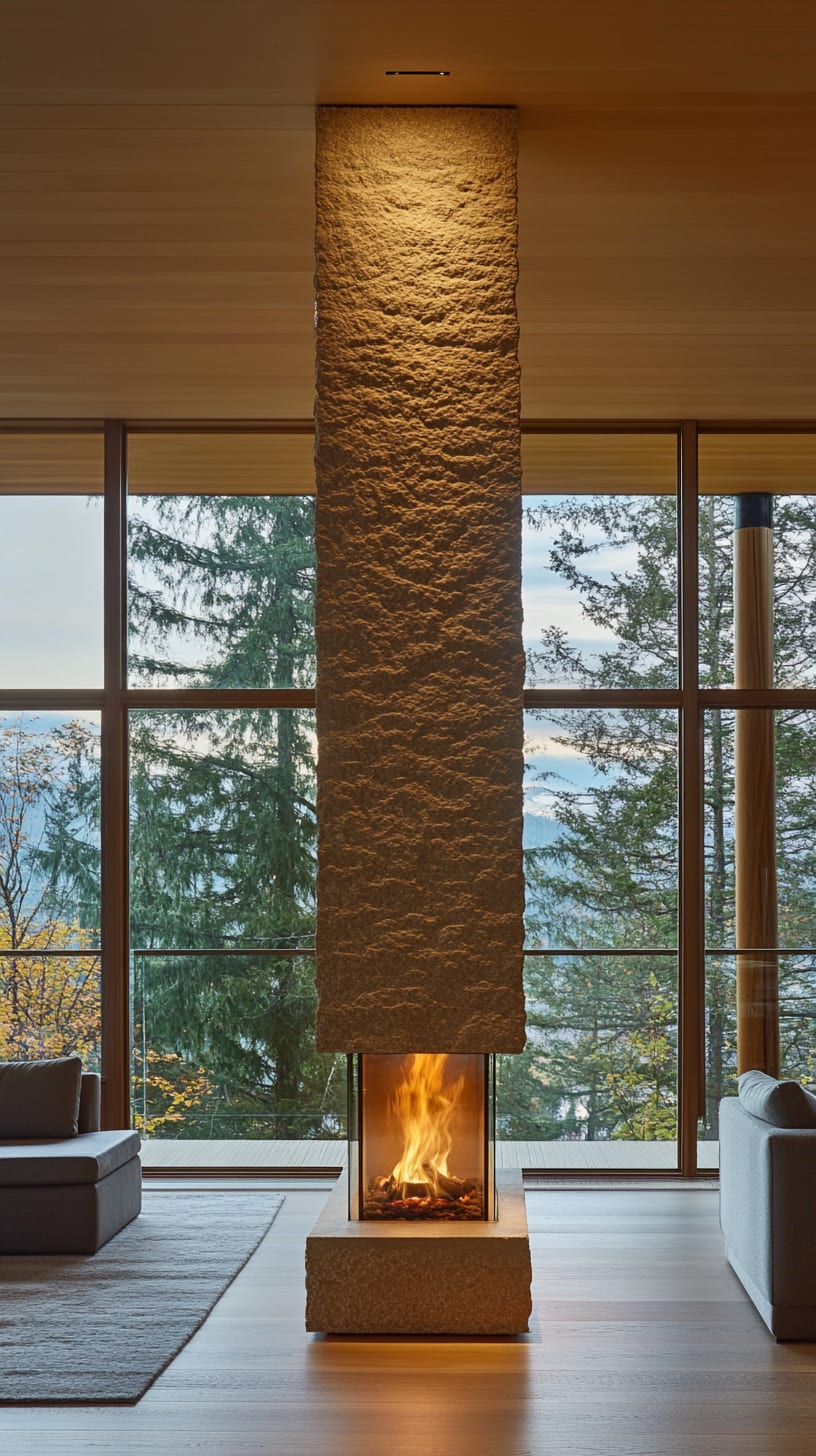A tall stone fireplace in a modern living room with large windows overlooking a serene forest and lake.