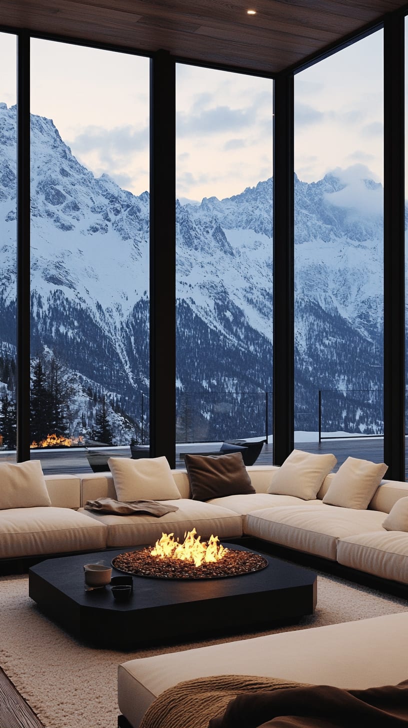 A cozy rustic cabin interior featuring wooden beams, a warm fireplace, and inviting decor elements that create a welcoming atmosphere.