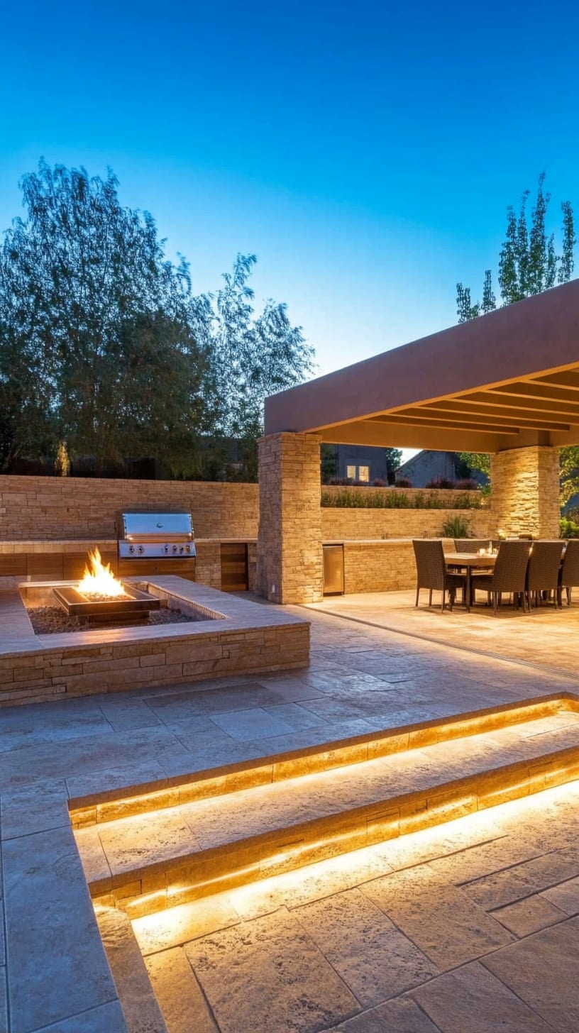 A modern outdoor kitchen with a fire pit, elegant stone seating, and illuminated steps, designed for nighttime gatherings.