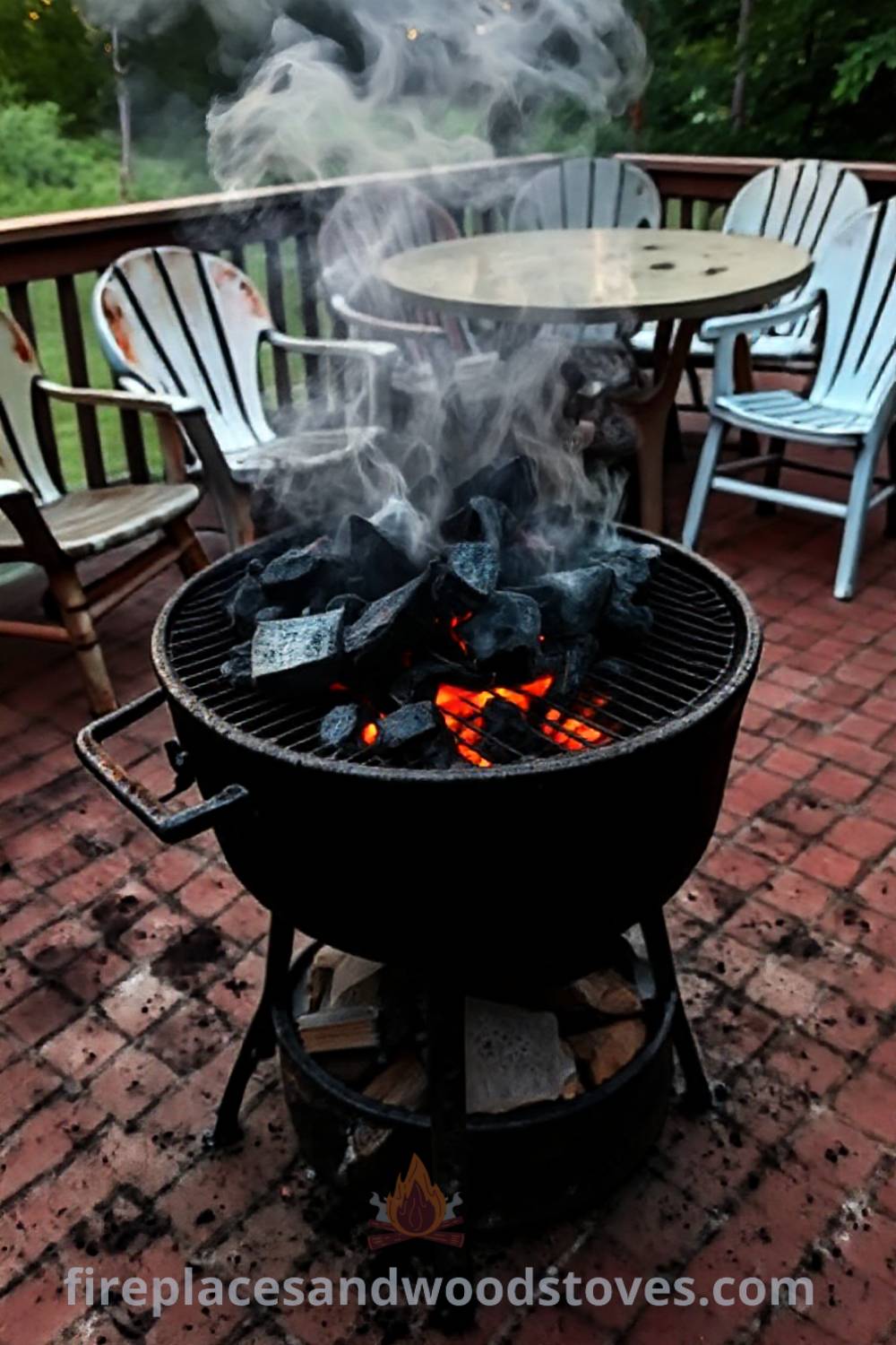 Traditional wood-fired barbecue on a brick patio with glowing coals and mismatched chairs, creating a cozy gathering space ideal for outdoor meals and gatherings. Visit patioandhomefurniture.com for incredible ideas to transform your backyard.