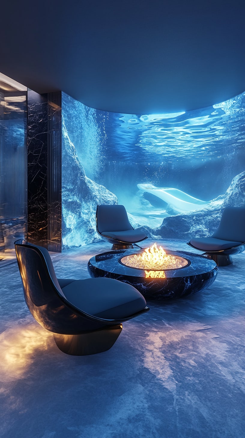 A luxurious underwater lounge featuring a fire pit, black marble furniture, and large glass windows showcasing an ocean view, creating a tranquil and serene atmosphere.