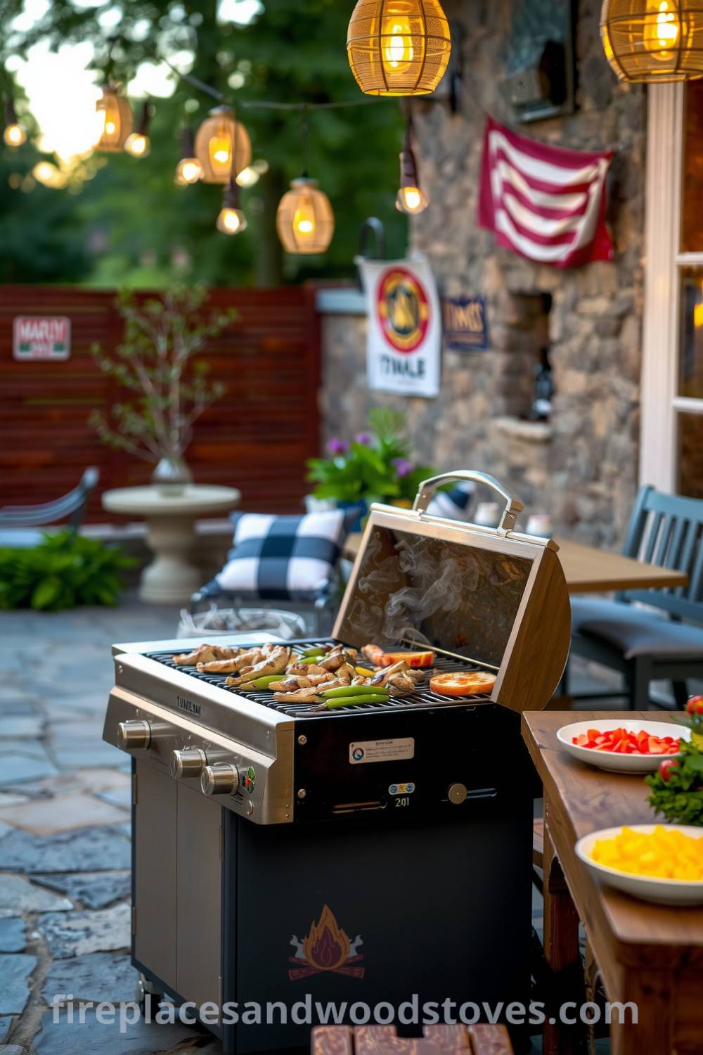 A cozy summer barbecue scene on a stone patio featuring a stainless steel grill with sizzling meats and vegetables, surrounded by colorful side dishes on a rustic wooden table, illuminated by soft golden light from hanging lanterns, providing decor ideas for inviting gatherings at fireplacesandwoodstoves.com.