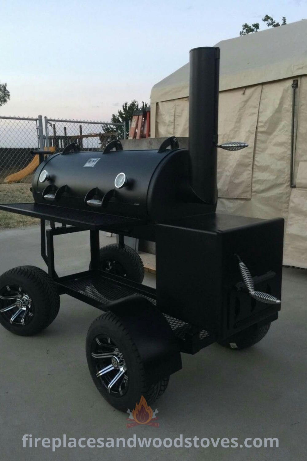 An outdoor BBQ grill with wheels on the ground, designed for convenience and style, perfect for wood fire cooking and meat smoking. Discover custom BBQ smoker options at patioandhomefurniture.com.
