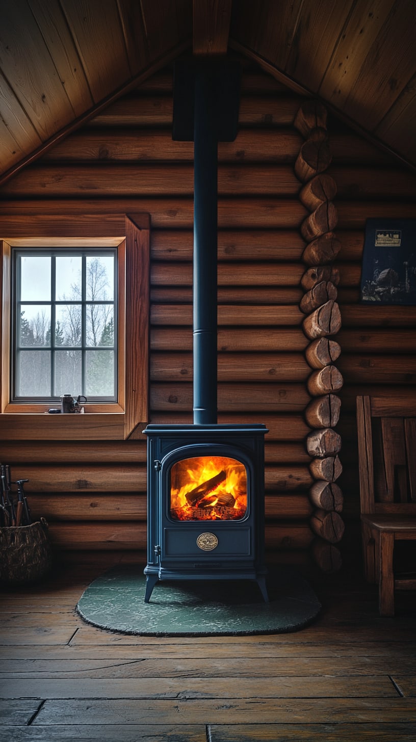 A cozy log cabin interior featuring a black wood stove with a fire burning, surrounded by wooden walls and a green rug on the floor.
