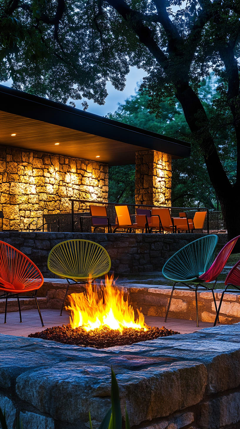 A modern outdoor fire pit surrounded by colorful Acapulco chairs and stone walls, creating a cozy atmosphere at night with trees overhead.