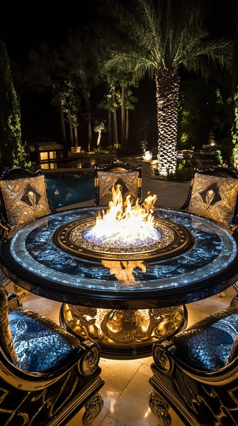 An outdoor fire pit surrounded by blue-accented chairs and a black marble table set in a luxurious backyard, with a sparkling pool and illuminated palm trees in the background at night.