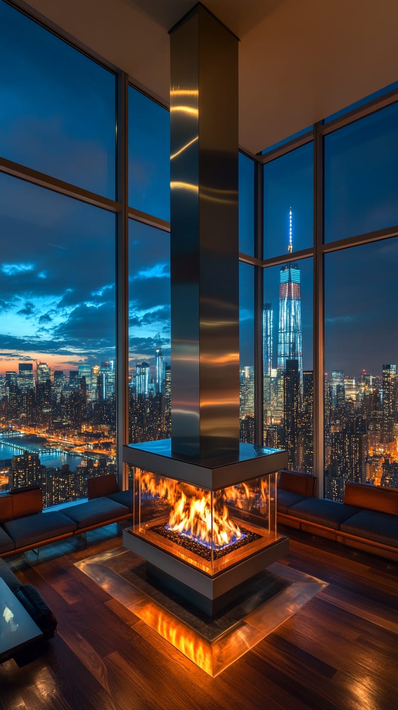 A tall stainless steel fireplace illuminated by flames in a modern living room with floor-to-ceiling windows overlooking New York City at night.
