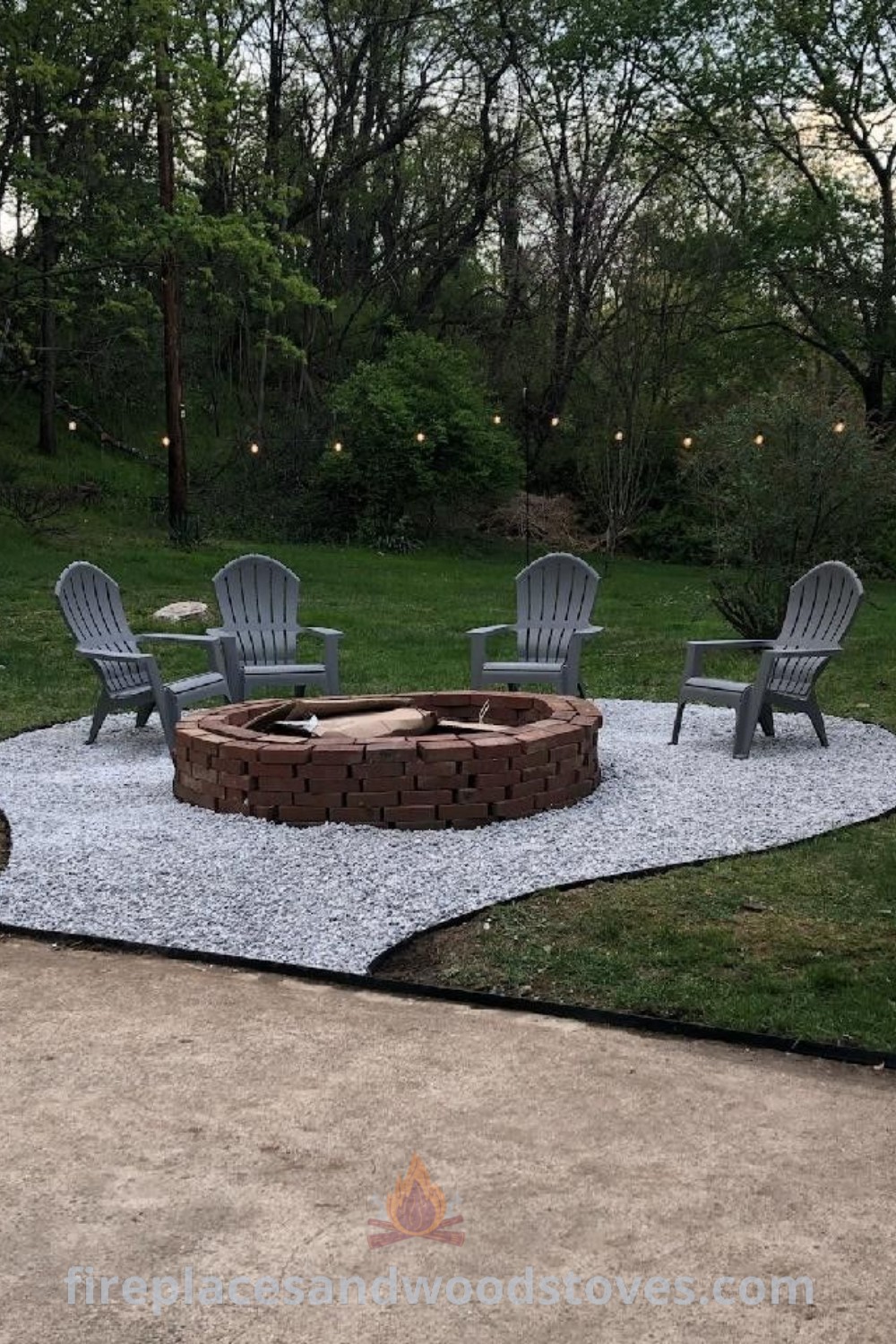 An outdoor fire pit area surrounded by chairs and lights, showcasing stylish designs that transform your backyard into a cozy gathering space. Discover amazing fire pit ideas and creative outdoor landscaping inspirations at patioandhomefurniture.com.