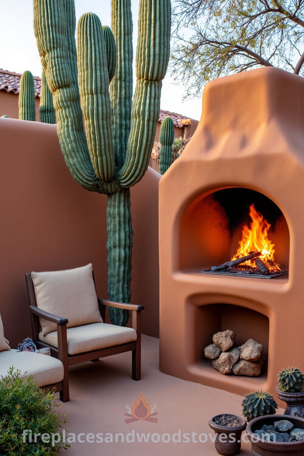 Southwestern adobe barbecue nestled in a desert yard, surrounded by rustic wooden patio elements and comfortable chairs, with flickering flames illuminating the scene, creating a cozy atmosphere ideal for evening gatherings. Visit fireplacesandwoodstoves.com for unique decor ideas and inspirations for your home.