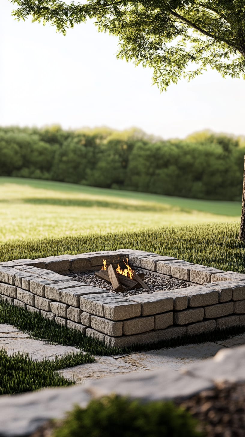 A square fire pit made of natural stone blocks, surrounded by grass and trees in a serene outdoor setting at dusk.