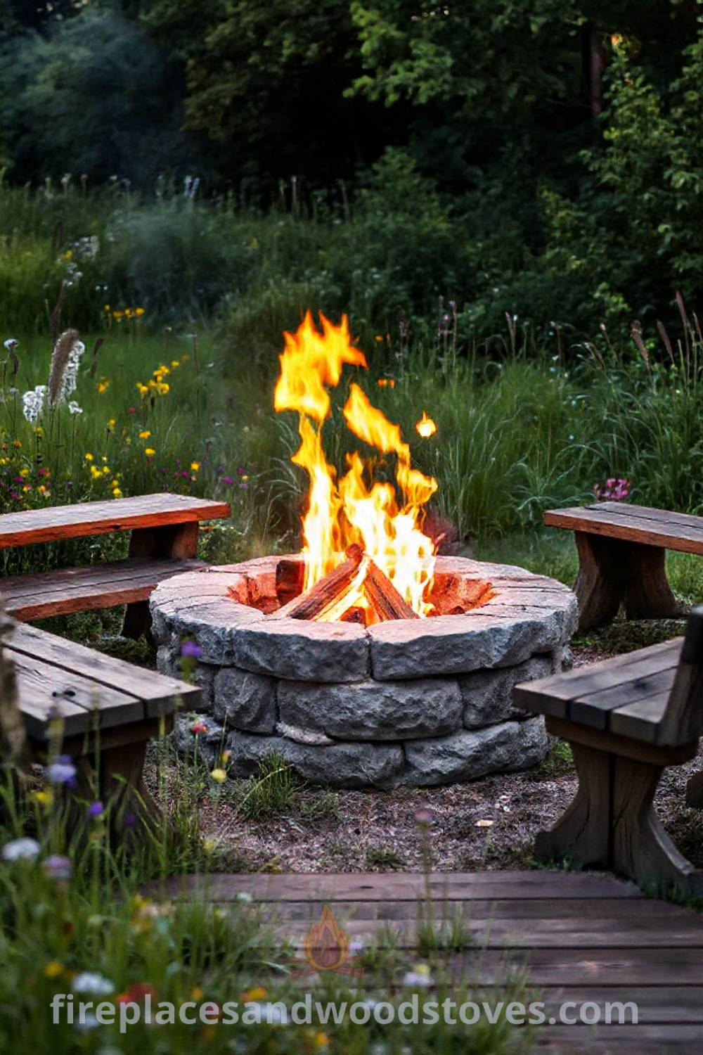 Stone fire pit nestled in a lush backyard, surrounded by wildflowers and tall grass, with flickering flames and rustic wooden benches, offering ideas for cozy outdoor gatherings. Visit patioandhomefurniture.com for incredible ideas transforming your backyard.