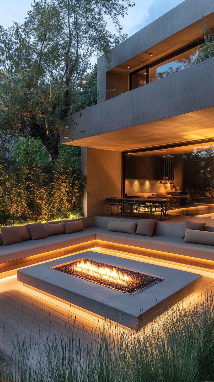 A modern outdoor seating area with concrete sofas around a fire pit, surrounded by greenery and illuminated by warm lights, creating a cozy evening atmosphere.