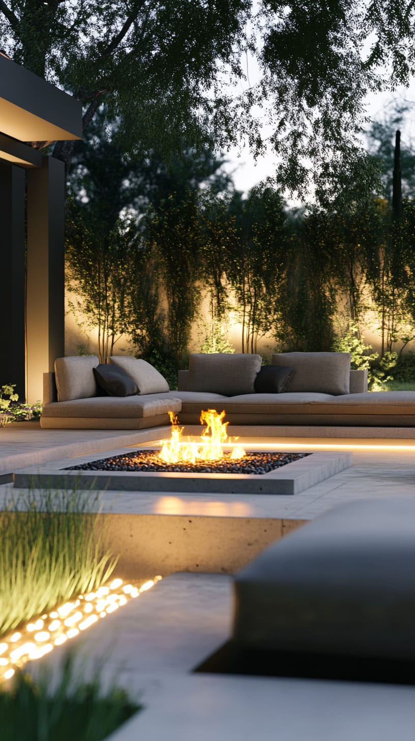 A modern outdoor seating area with sleek sofas and an elegant fire pit, surrounded by lush greenery and soft ambient lighting, creating a relaxing atmosphere for gatherings.