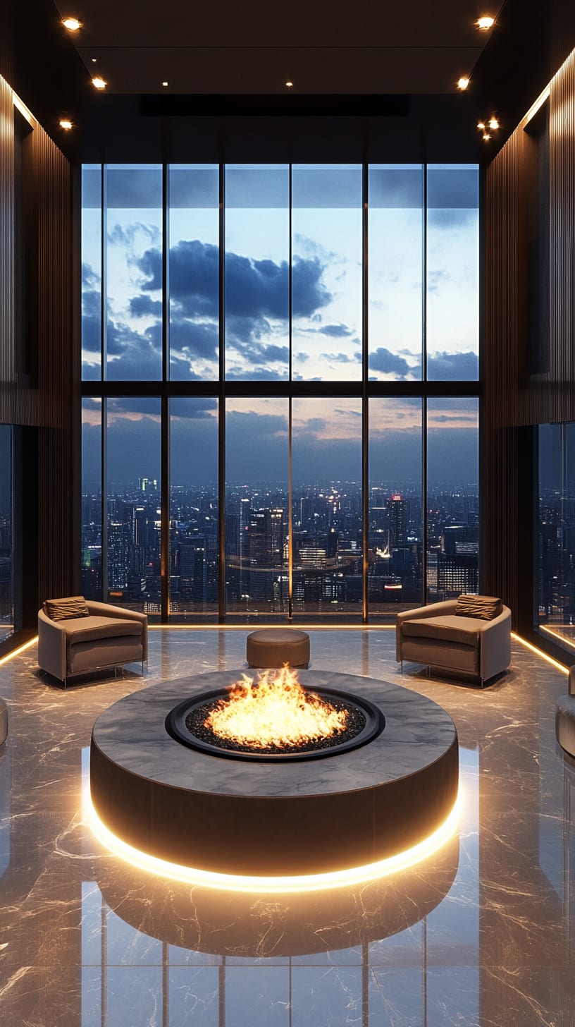A modern penthouse lounge with a circular fire pit, large windows showcasing a city skyline at night, and elegant marble flooring.