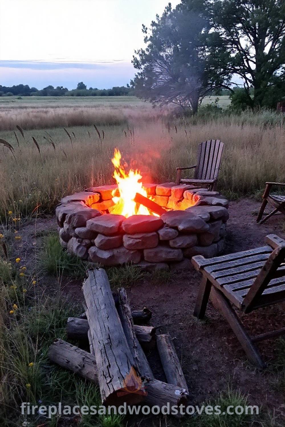 Rustic stone fire pit surrounded by tall grasses and wildflowers in a secluded backyard, creating a cozy gathering space for friends and family under the stars. Visit patioandhomefurniture.com for stylish outdoor design ideas that will wow your guests.