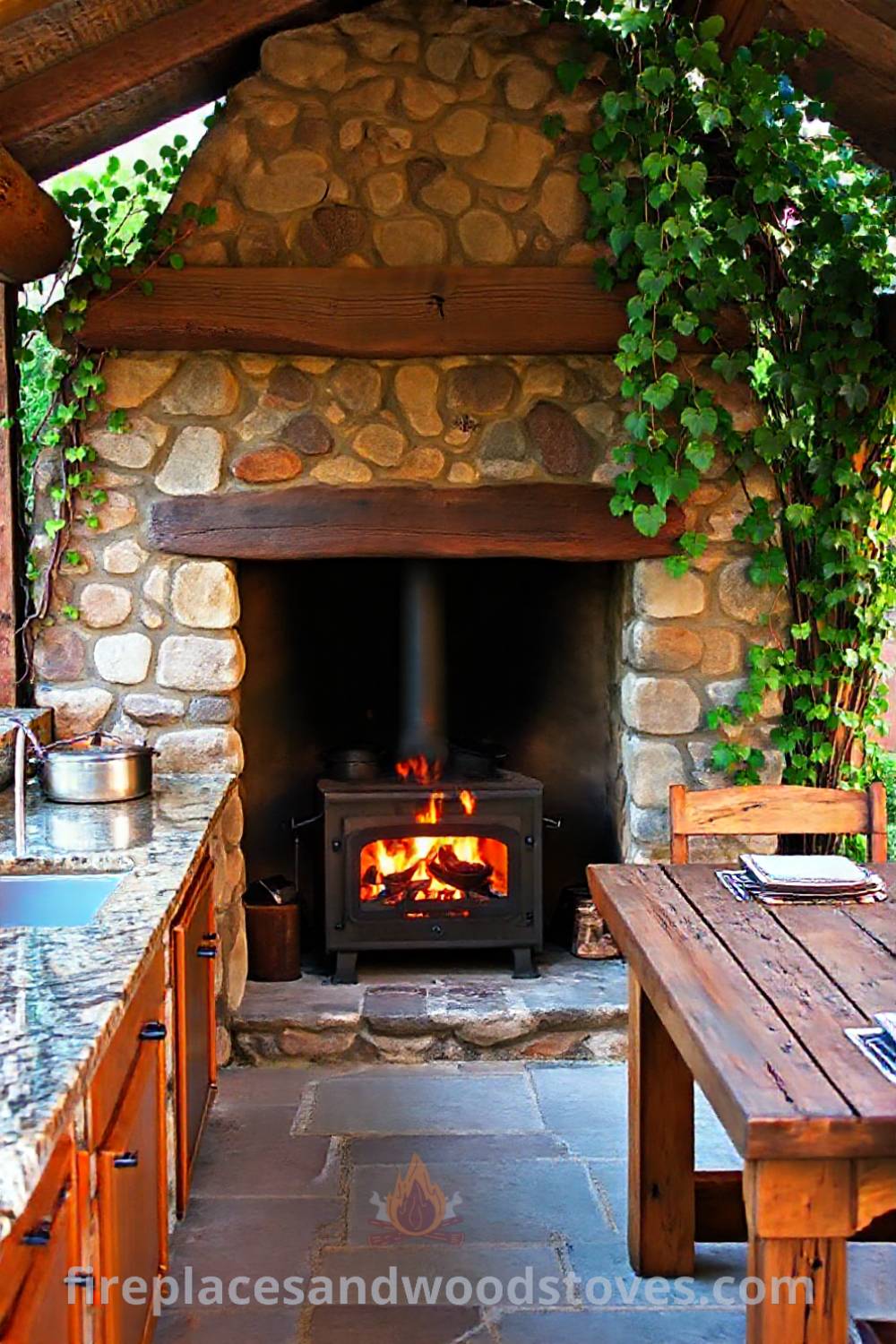 Outdoor kitchen with a rustic wood-burning fireplace, granite countertops, climbing vines, and a wooden dining table, creating a charming and cozy atmosphere for gatherings. Visit patioandhomefurniture.com for incredible ideas that will wow your guests.