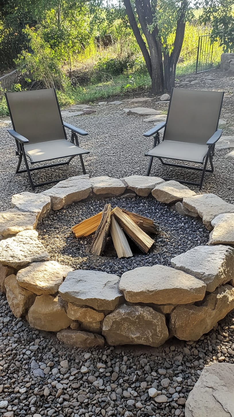 An outdoor fire pit made of large flat stones, surrounded by gravel and two black metal lawn chairs, creating a cozy gathering spot.