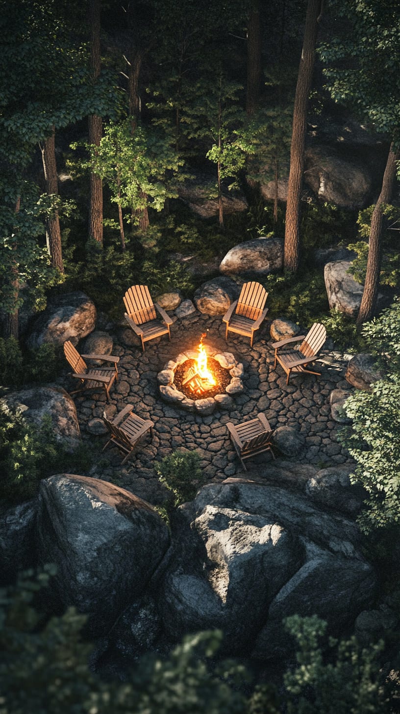 A rustic fire pit surrounded by wooden chairs, set in the heart of an ancient forest, viewed from above, showcasing a cozy and inviting atmosphere.