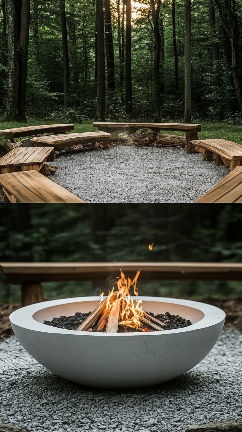 A modern, minimalist outdoor fire pit made of white concrete with burning flames, surrounded by wooden benches on gravel in a wooded setting.